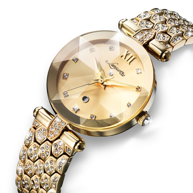 Reloj-Joya GOLD DIAMOND: Caja, brazalete y corona de Acero 316L, Quirúrgico y Antialérgico, acabado en Oro de 1ª Ley IPG